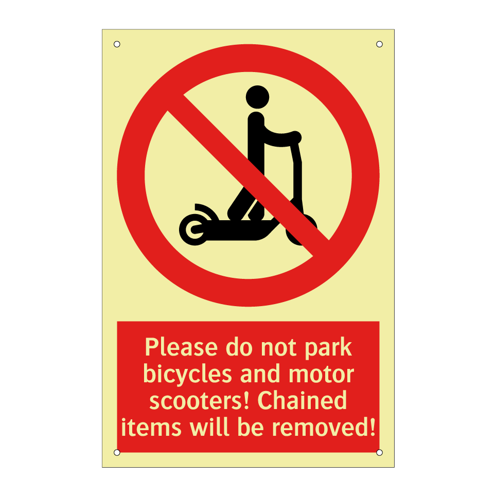 Please do not park bicycles and motor scooters! Chained items will be removed!