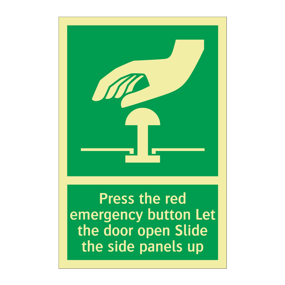 Press the red emergency button Let the door open Slide the side panels up