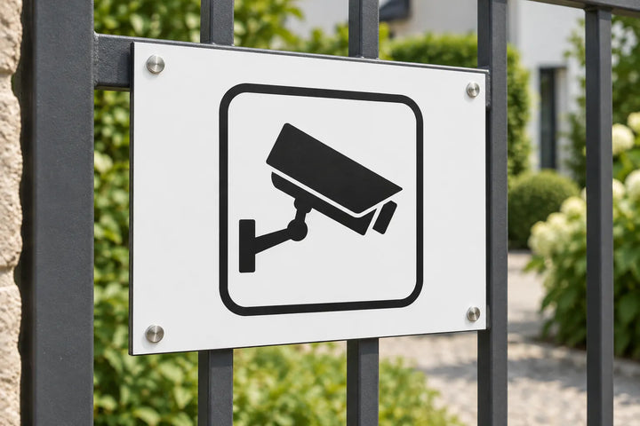 Aluminium CCTV video surveillance sign on a garden gate