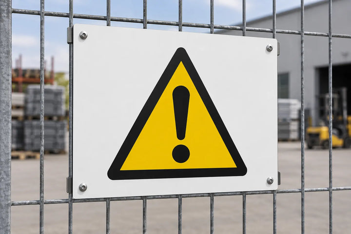 Aluminium warning sign with yellow hazard triangle on a mesh fence