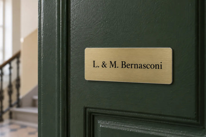 Brass-look name plate on a green apartment door