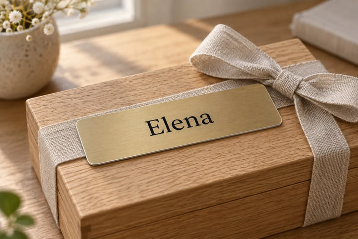 Small brass-look name plate on a wooden gift box