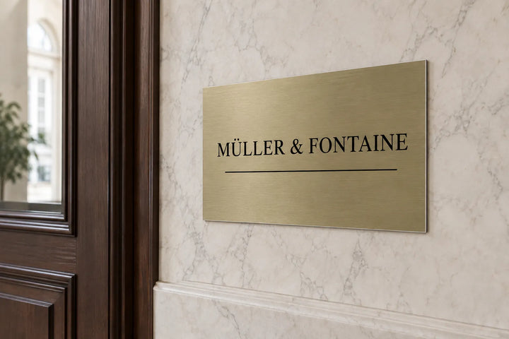 Brass-look plaque for a law firm on a marble wall