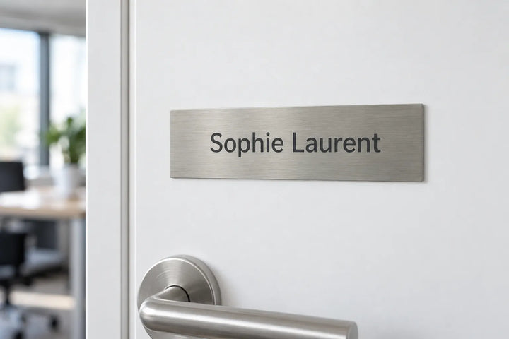 Brushed aluminium name plate on a white office door