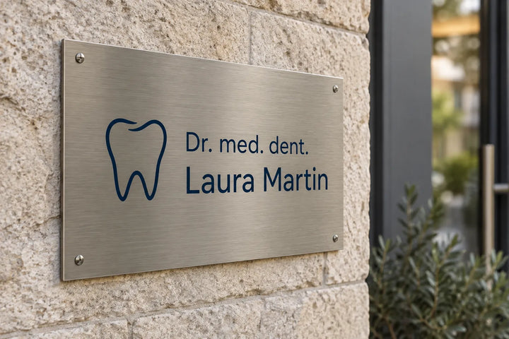 Brushed aluminium practice plaque for a dentist on a stone wall
