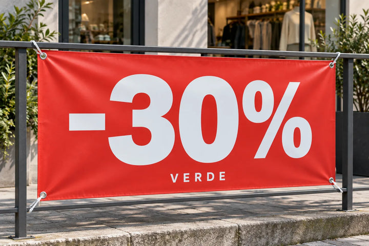 Red PVC advertising banner with -30% tied to a railing