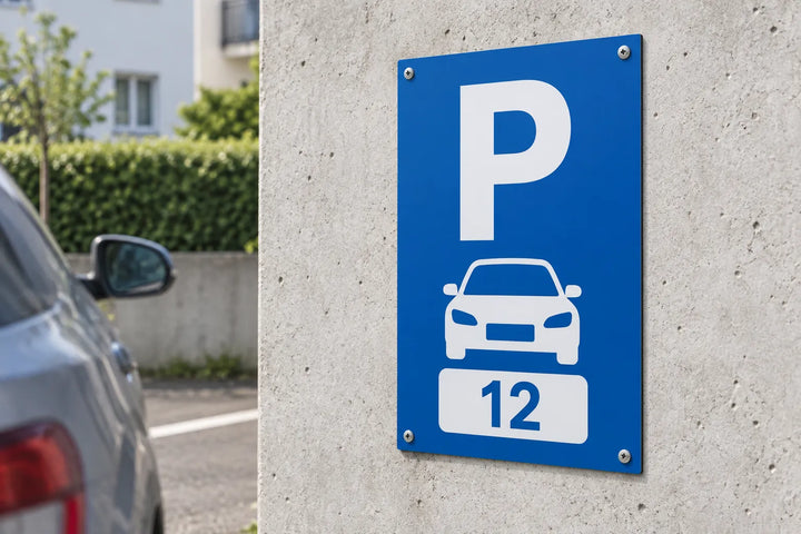 Blue private parking sign with number 12 in aluminium composite screwed to a wall