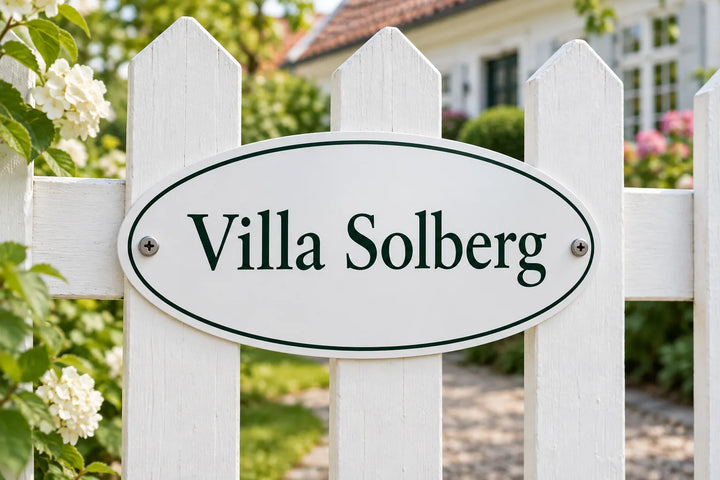 Oval PVC house name sign on a white garden gate