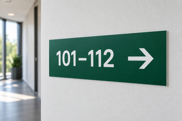 Green PVC wayfinding sign with room numbers and arrow in a corridor