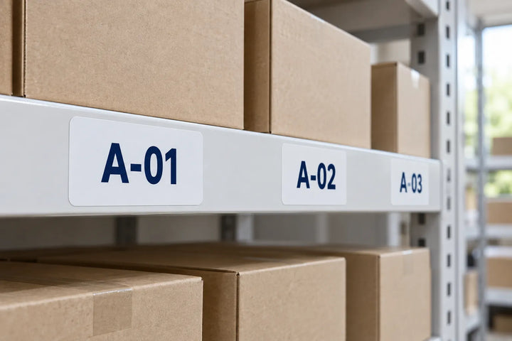 Shelf label stickers on storage shelves